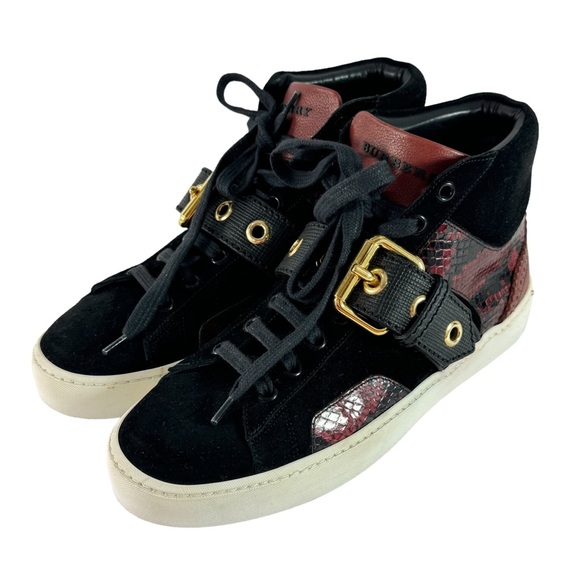 BURBERRY Black & Burgundy Leather Snake Print Buckle Women's Sneakers 38.5-8.5US - Picture 4 of 12